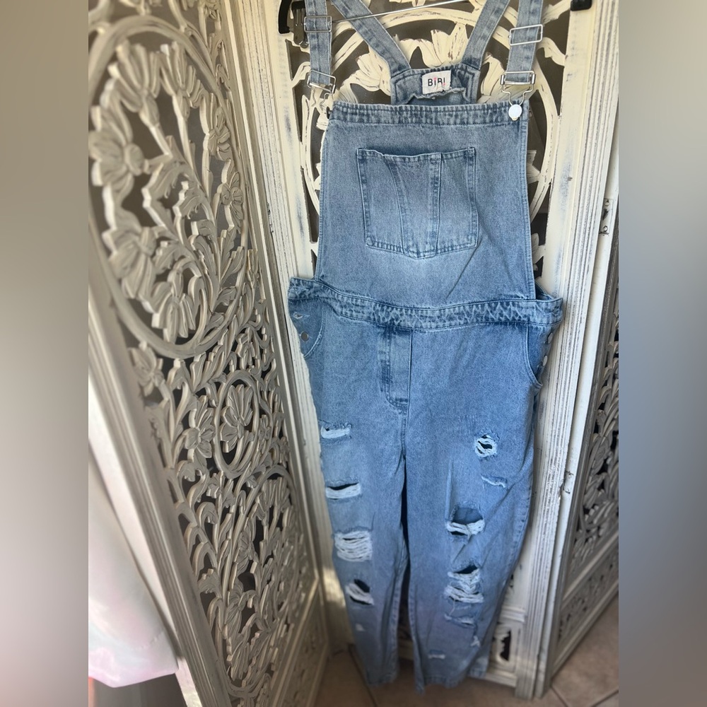 BiBi Light Blue Distressed Denim Overalls